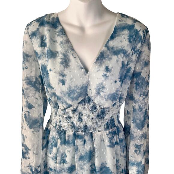 Fit & Flare Swiftie Dress Sz XL Blue White Balloon Sleeve Ruffle Floral Romantic - Picture 2 of 16